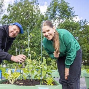 Kaksi henkilöä on kumartuneena viljelyksien ääressä ja katsoo hymyillen kameraan.