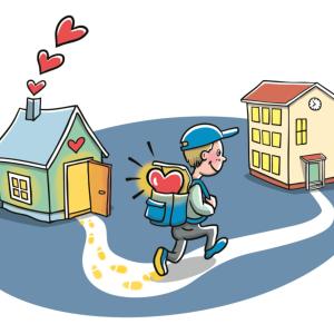 Piirroskuvassa lippalakkipäinen ja reppuselkäinen lapsi kulkee polkua pitkin kodista kouluun. Lapsen repussa näkyy sydän.