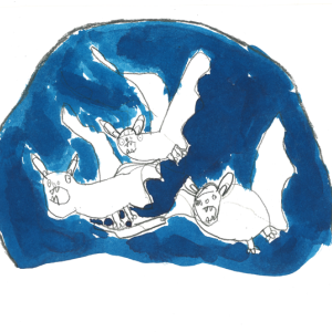 Kolme valkoista lapsen piirtämään lepakkoa lentää tummalla taivaalla.