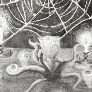 Piirros, jossa on hämähäkin seittejä, lonkeroita ja kynttilöitä. Kuvataidetyö.
