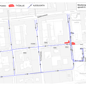 Puutarhakadun ja Aleksis Kiven kadun liikennejärjestelyt maaliskuussa 2026 kartalla