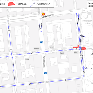 Puutarhakadun liikennejärjestelyt 16.3.2025 alkaen kartalla.
