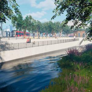 Tuleva Partolanaukio havainnekuvassa Härmälänojan varrella, etualalla puita.