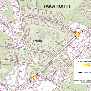 Irjalankadun katutyömaat Kolarinkadun rissteyksessä ja ennen Linnankadun risteystä.