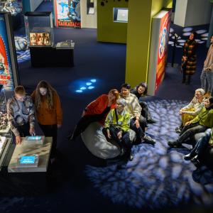 Ihmiset viettävät aikaa Muumimuseossa teoksia tutkien.