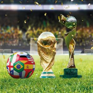 Two trophies and a soccer ball on a soccer field. People in the stands in the background.