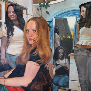 A work of art with four people in a room.