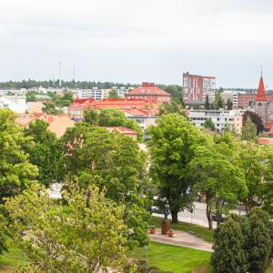 Ilmakuva Tampereen keskustasta, jossa näkyy kesäinen puisto ja Tuomiokirkko