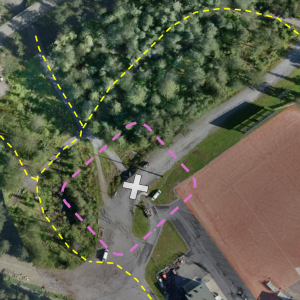 Karttakuva Kaupin pesäpallostadionin vierestä, jossa uusi hiihtosilta rakennetaan nykyisen alikulun tilalle. Kuvassa työnaikaiset kulkureitit ja työmaa-alue kuvattuna.