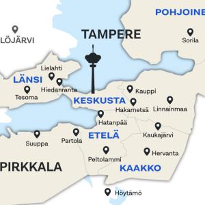 Tyylitelty karttakuva Tampereesta ja ympäristökunnista