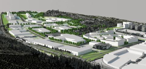 Lielahden yleissuunnitelma näkymä rakennusten massoittelusta etelästä Epilänharjun suunnasta.