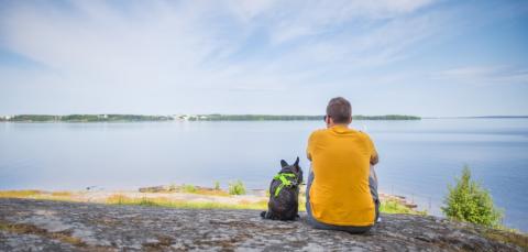 Keltapaitainen mies istuu koira vierellään Onkiniemen kalliolla ja katselee järvelle.