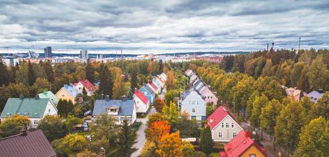 Etualalla puutaloja ja puustoa. Horisontissa näkyy esimerkiksi Näsinneula, Torni-hotelli ja Nokia-Arenan rakennukset.