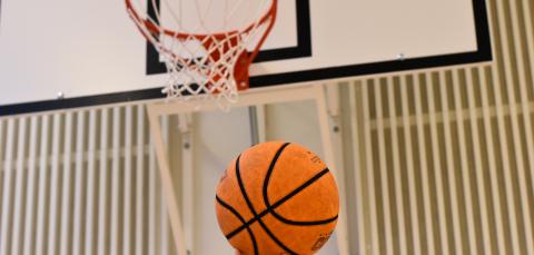 Käsi pitää koripalloa ilmassa korin alla.