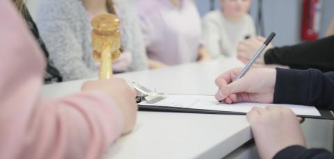 Kuva on työskentelytilanteesta. Kuvassa on 7 lasta pöydän ympärillä. Yksi kirjoittaa muistiinpanoja kuvan oikeassa laidassa. Vasemmassa laidassa näkyy puheenjohtajan käsi ja nuija.