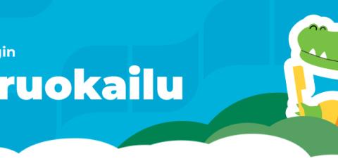 Piirroskuvassa haarukkaa ja veistä pitelevä krokotiili ja teksti Tampereen kaupungin puistoruokailu.
