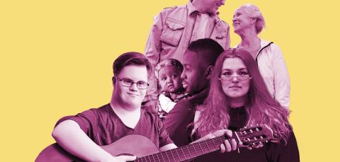 Keltaisella pohjalla joukko erilaisia ihmisiä.