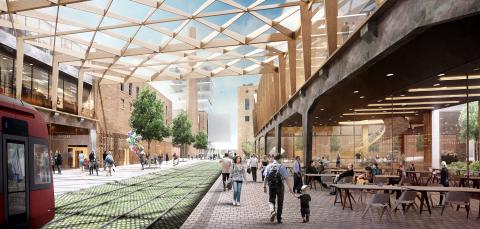 Havainnekuva Hiedanrannan Tehtaasta, näkymä raitiotipysäkiltä