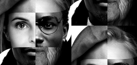 People in different ages and ethnic backgrounds in a black and white image.