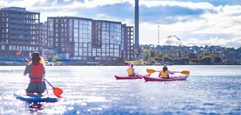 Kolme kaverusta suppailemassa Näsijärvellä aurinkoisena kesäpäivänä.