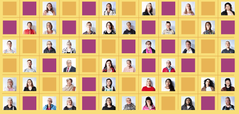 Kuvakollaasi, jossa on ihmisten kasvokuvia sekä keltaisia ja fuksianpunaisia ruutuja.