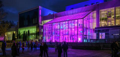 Violetilla sävyllä valaistu ja jättipalloilla täytetty Tampere-talon lasinen talvipuutarha, jossa esitettiin Ruudun takaa -tapahtumassa Hands some Feetin ja Opus Companyn teosta nimeltä Värisfääri.