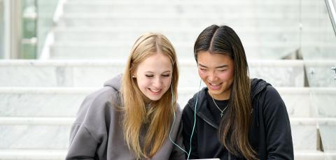 Kaksi nuorta tutkimassa sisältöä kannettavalla tietokoneella.
