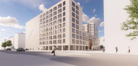 Asemakaavaluonnoksen mukainen havainnekuva asuinkerrostalosta, jollainen voitaisiin rakentaa Tammelan puistokadun varteen.