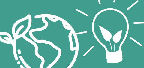 Kuvituskuva, jossa on maapallo ja hehkulamppu sekä lehtiä.