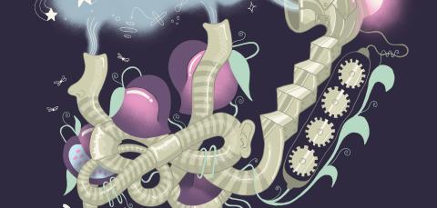 Surrealistinen kuva mutkittelevista putkirakenteista, joista nousee sinertävää höyryä ja tähtiä. Mukana on portaita, hammasrattaita, violetteja hedelmiä, hyönteisiä sekä luita tummansinisellä taustalla.