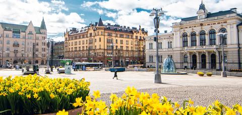 Keväistä Keskustoria auringonpaisteessa, taustalla Raatihuone, Commercen talo ja Palanderin talo.