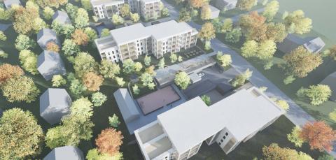 Asemakaavaluonnoksen mukaisia rakennusmassoja hahmoteltuna havainnekuvaan.