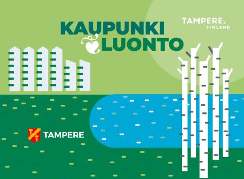 Kaupunkien luontofoorumin 2024 piirroskuva, jossa on järvi, puita ja kerrostaloja.
