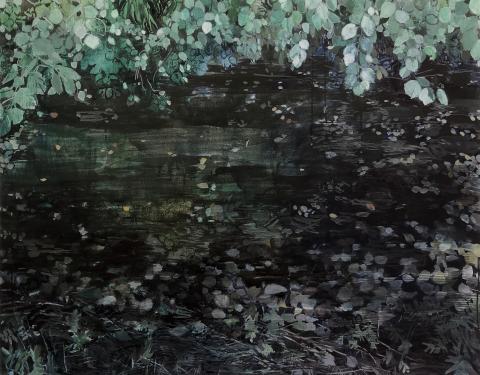 Maalaus vedenpinnasta, joka on täynnä vesikasveja.