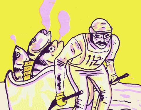 Sarjakuvaruutu hiihtäjästä, joka vetää kalalastia perässään.