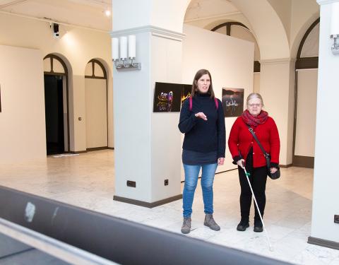 Kaksi henkilöä taidenäyttelyn vierailijoina.