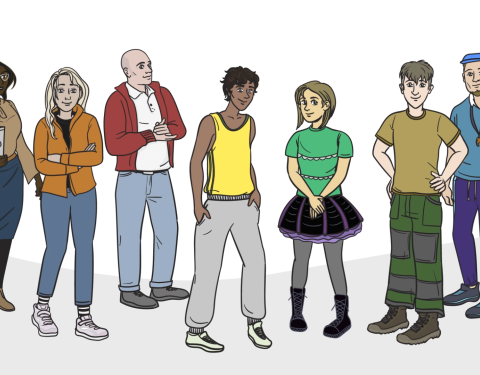 Piirroskuva itsenäisesti asuvista nuorista ja heitä tukevista aikuisista