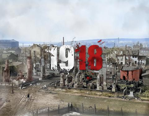 Kuvassa pommitettua kaupunkia.