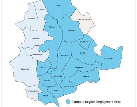 Map of Pirkanmaa region, where municipalities of different employment areas are marked in colour.