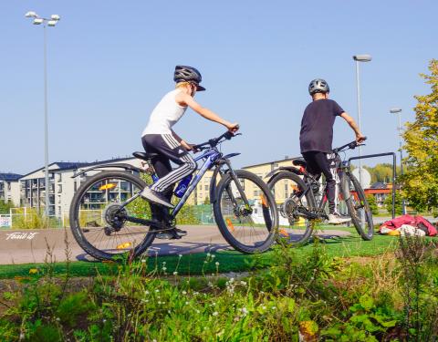 Boys with their bikes on the pump track.