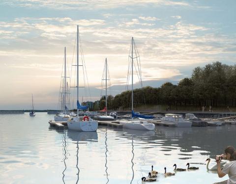 Purjeveneitä venelaiturissa Mustanlahden satamassa, havainnekuva.