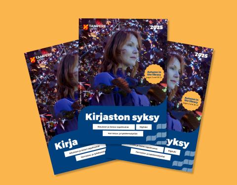 Kolme esitettä keltaisella taustalla. 