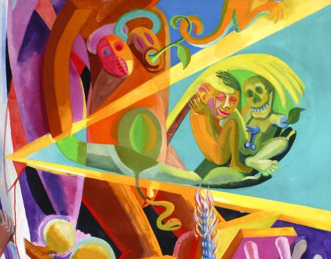 Värikäs abstrakti maalaus.