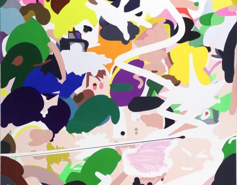 Monivärinen abstraktilta vaikuttava maalaus.