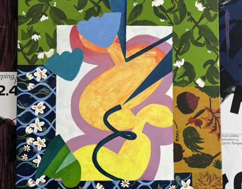 Monivärinen, abstraktilta näyttävä taideteos.