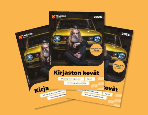 Kolme Kirjaston kevät -esitettä keltaisella taustalla. 