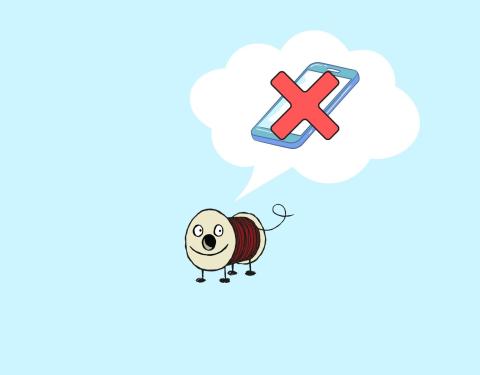 Piirretty Rulla-hahmo ja punainen rasti kännykän päällä. 