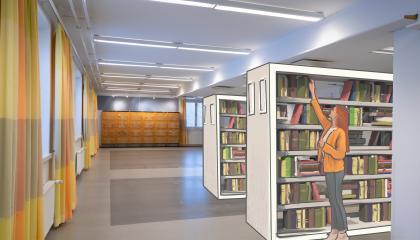 Piirretty nainen ottaa kirjaa kirjaston hyllystä, havainnekuva Nekalan kulttuurikeskuksesta.