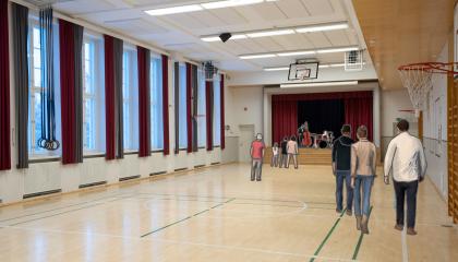 Piirrettyjä ihmisiä katsomassa salin lavalle, havainnekuva Nekalan kulttuurikeskuksesta.