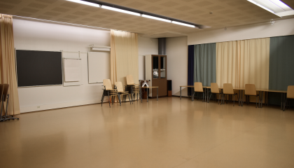 Sampolan Severi-sali, jossa on verhoilla peitettävät peilit, tauluja ja tuoleja.